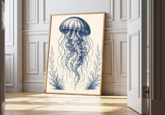 Blue Jellyfish Botanical blue jellyfish print, a finely drawn blue jellyfish drifting through seaweed, shown in a light wood hero frame in a bright panelled room; indigo, powder blue and warm cream.