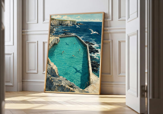 Cornish Sea Pool, leaning in the light wood hero frame against white panelling.