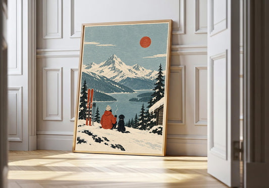 Alpine Dog View appears in the light-wood hero scene, clearly showing a winter traveller and black dog admiring a mountain lake.
