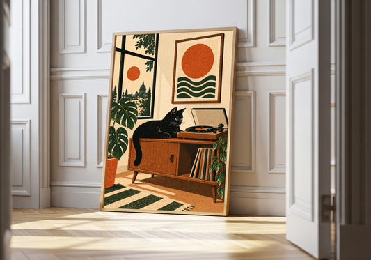 Black Cat Record Player I appears in the light-wood hero scene, clearly showing a black cat beside a record player and sun artwork.