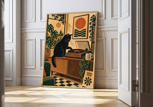 Black Cat Vinyl Club appears in the light-wood hero scene, clearly showing a black cat at a record player in a plant-filled retro room.