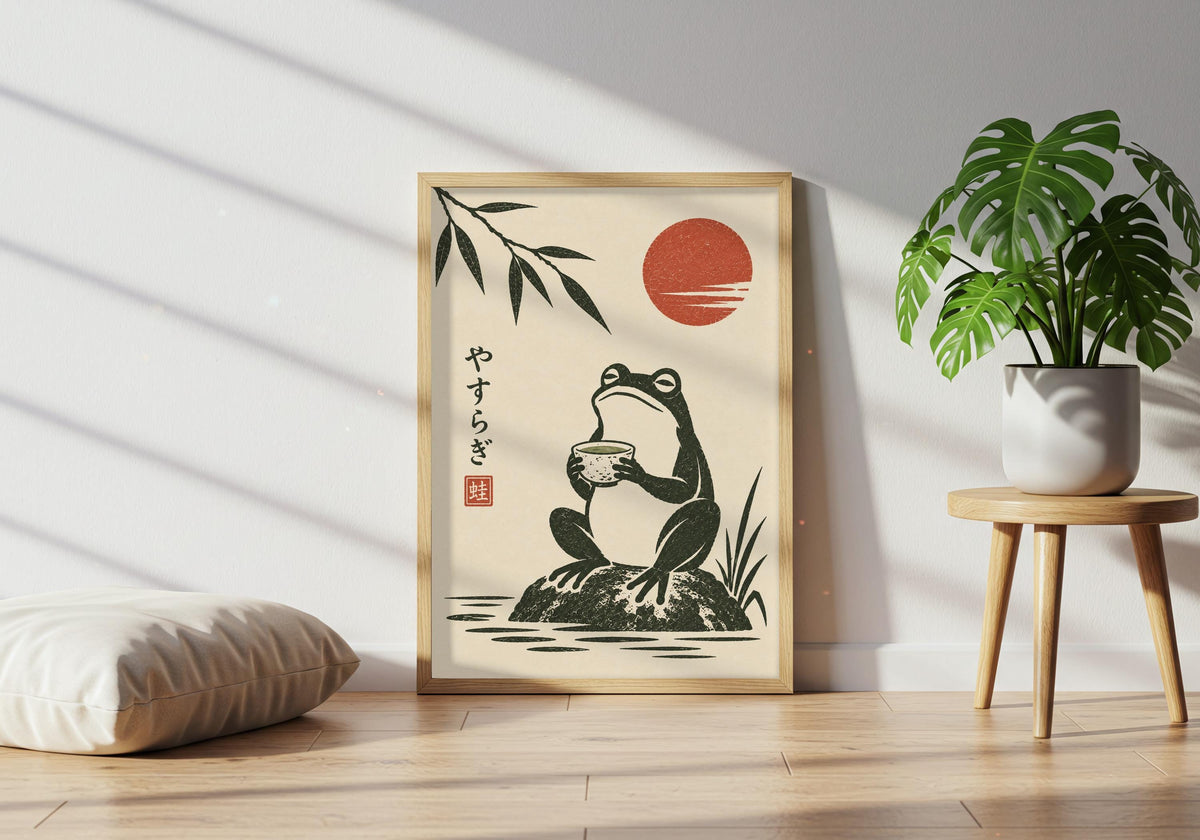 Green plants and modern furnishings surround the framed Japanese frog print here.
