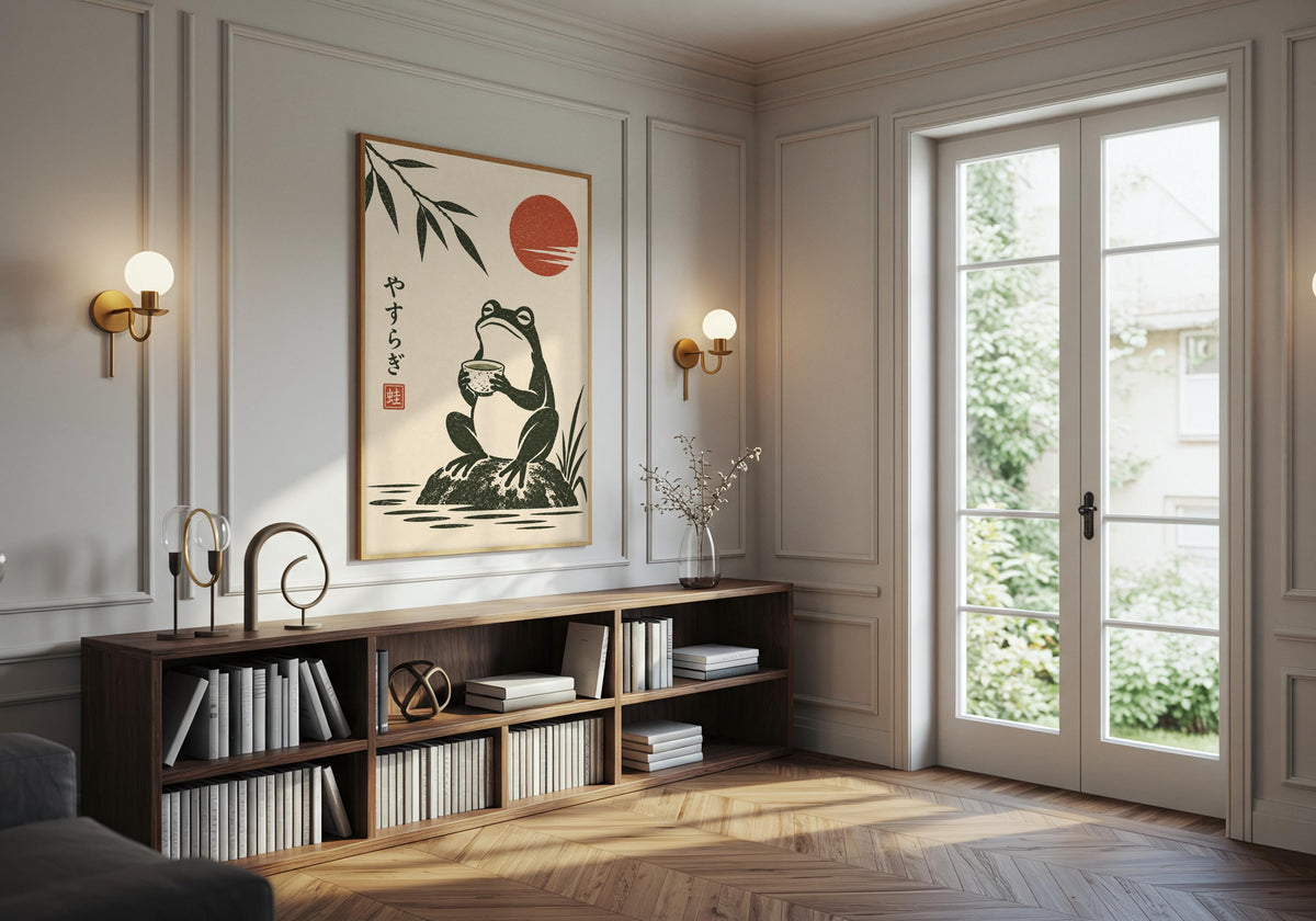 This relaxed room composition demonstrates the scale of the Frog Tea Meditation print.