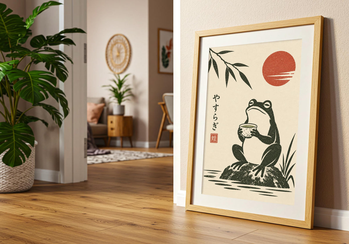 Placed as a focal artwork, a seated frog calmly holding a tea bowl beside bamboo and a red sun remains readable from across the room.