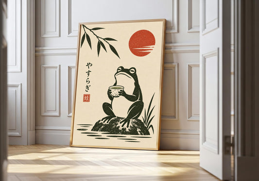 Frog Tea Meditation appears in the light-wood hero scene, clearly showing a seated frog calmly holding a tea bowl beside bamboo and a red sun.