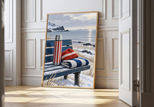Winter Beach Thermos I appears in the light-wood hero scene, clearly showing a striped thermos, wool hat and towel on a snowy beach bench.