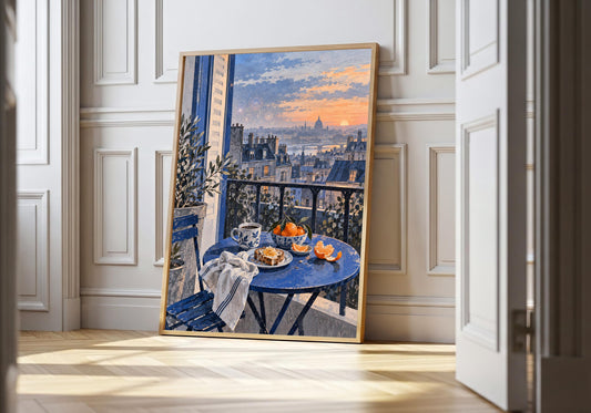 New Year Breakfast Balcony artwork shown as the light-wood hero print, featuring coffee, toast and oranges on a blue balcony at sunrise.