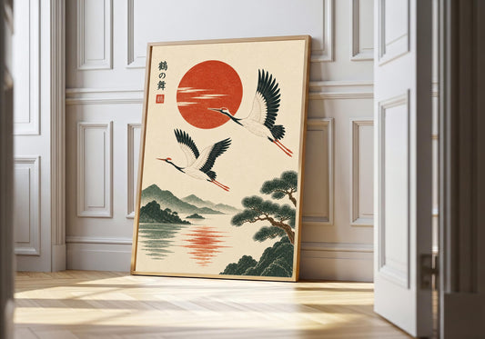 Cranes and Red Sun appears in the light-wood hero scene, clearly showing two flying cranes crossing a red sun above water and pine.