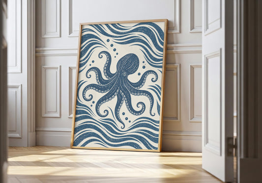 Blue octopus print showing a navy octopus with eight curling arms surrounded by graphic blue waves, leaning in a light natural-wood hero frame against white panelling.