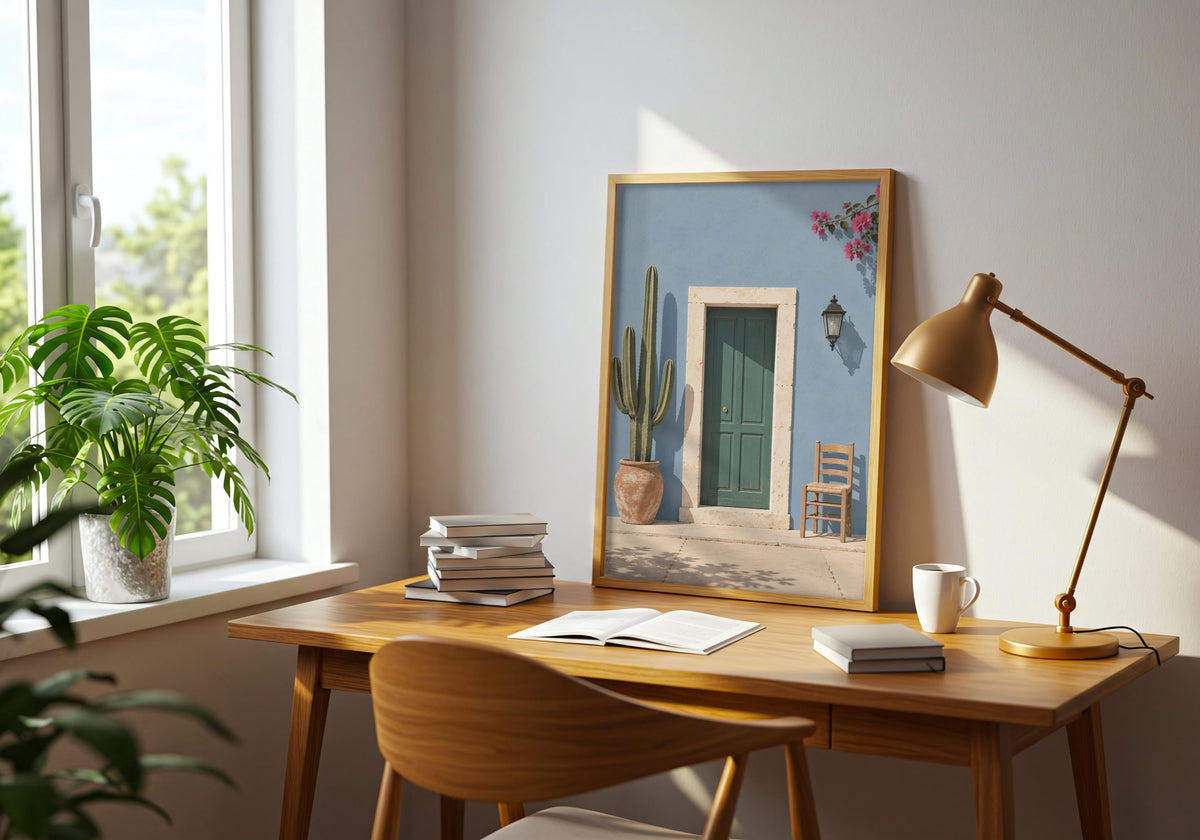 Interior mockup of mediterranean art depicting a forest-green door in a powder-blue wall with cactus, chair and flowers, shown in a light wood frame in a home office.