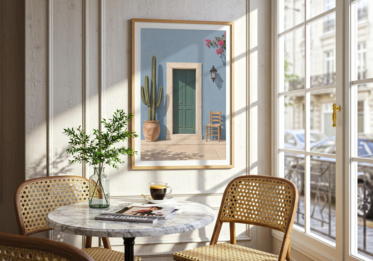 Portrait cactus print art featuring a forest-green door in a powder-blue wall with cactus, chair and flowers, hung in a dark frame in a dining nook.