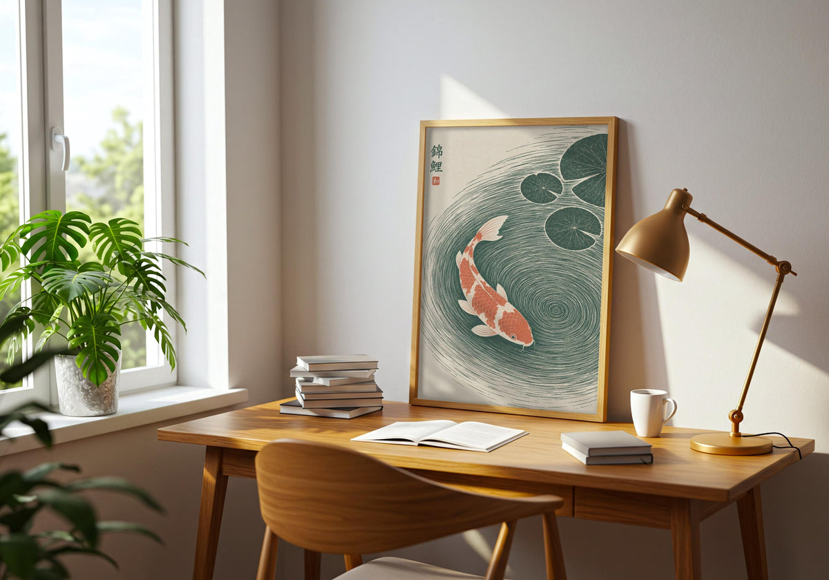 Interior mockup of japandi wall decor depicting two coral-and-white koi circling through deep green water beneath lily pads, shown in a light wood frame in a home office.
