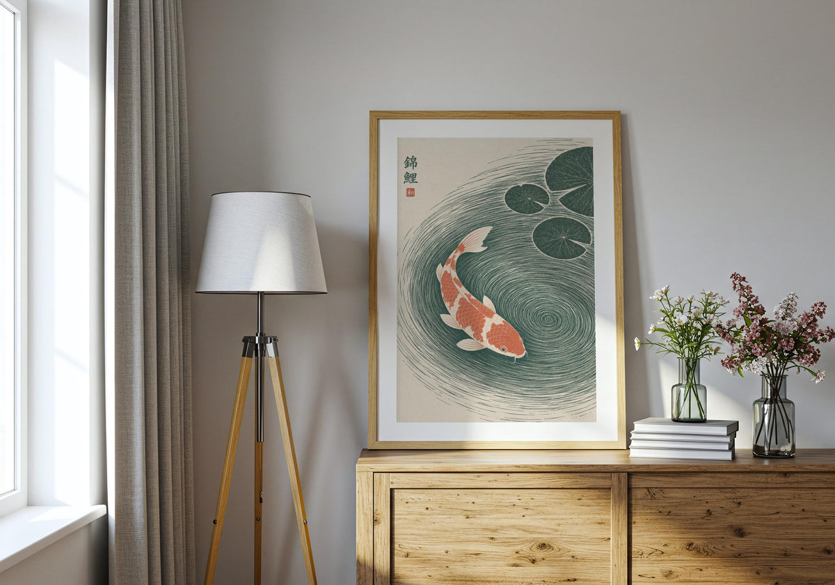 Koi Whirlpool presented as koi fish wall art, featuring two coral-and-white koi circling through deep green water beneath lily pads and displayed in a light wood frame on a bright console.