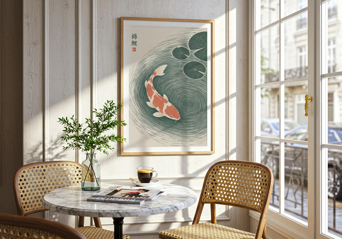 Portrait asian inspired art featuring two coral-and-white koi circling through deep green water beneath lily pads, hung in a dark frame in a dining nook.