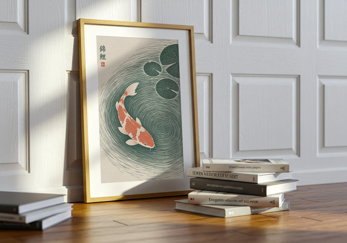 Zen nature print featuring two coral-and-white koi circling through deep green water beneath lily pads, styled in a light wood frame on stacked books.