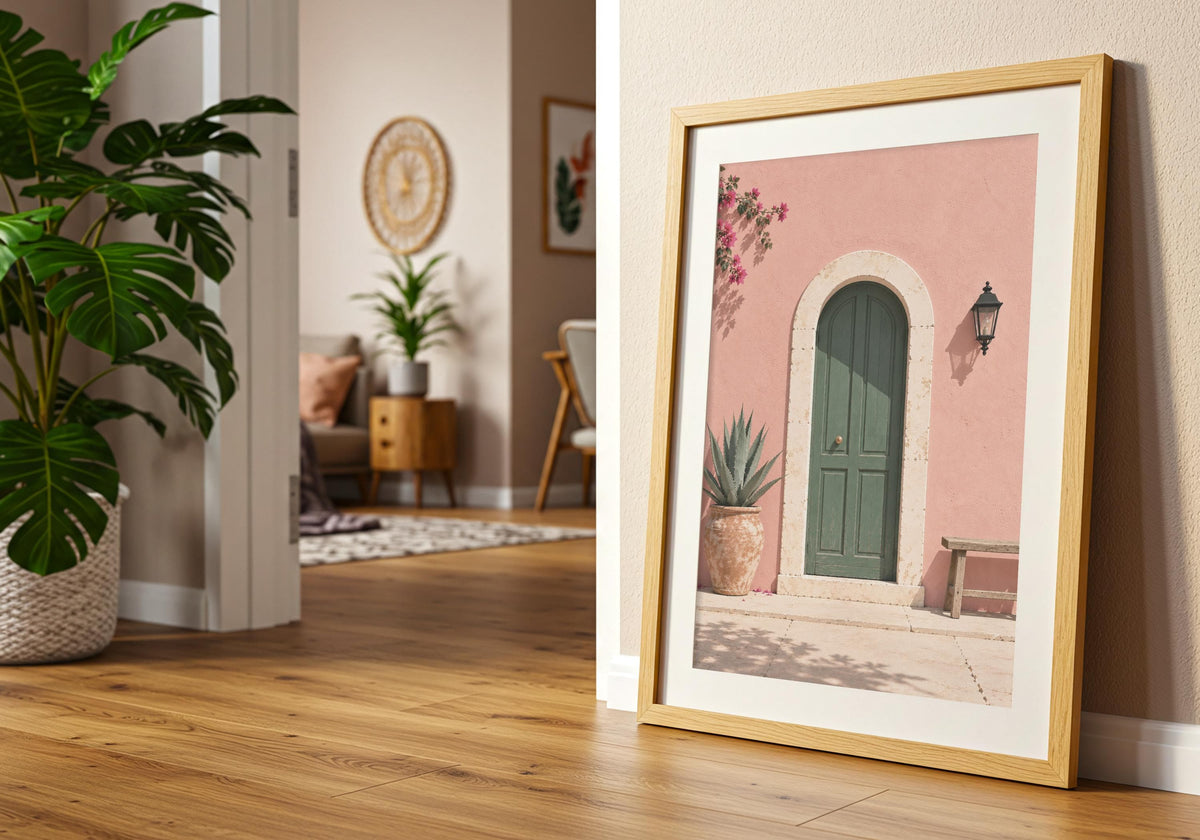 Angled view of travel wall decor depicting an arched green door in a blush-pink wall with bougainvillea and a wooden bench, shown at an angle in a light wood frame near a doorway.