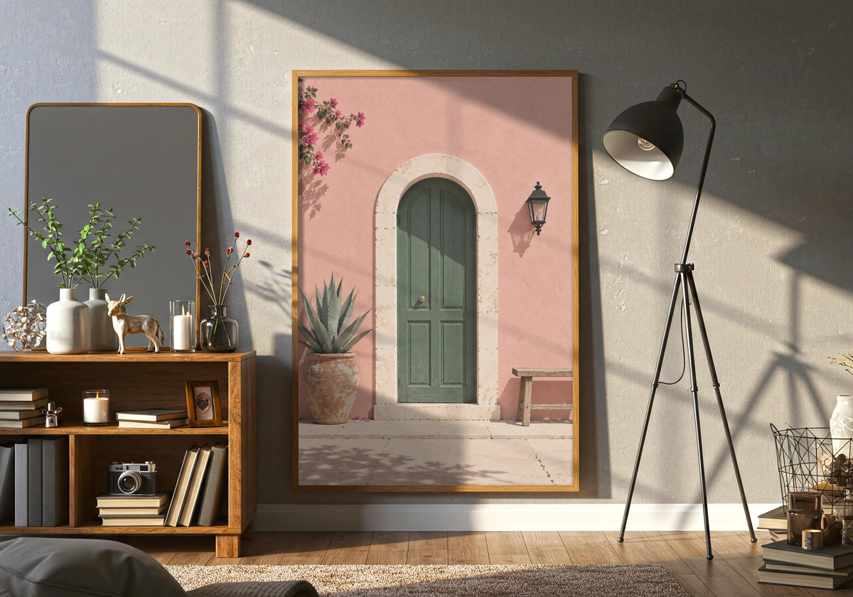 Room view of Pink Wall Green Door as bougainvillea art, shown in a dark frame in a wide living-room view.