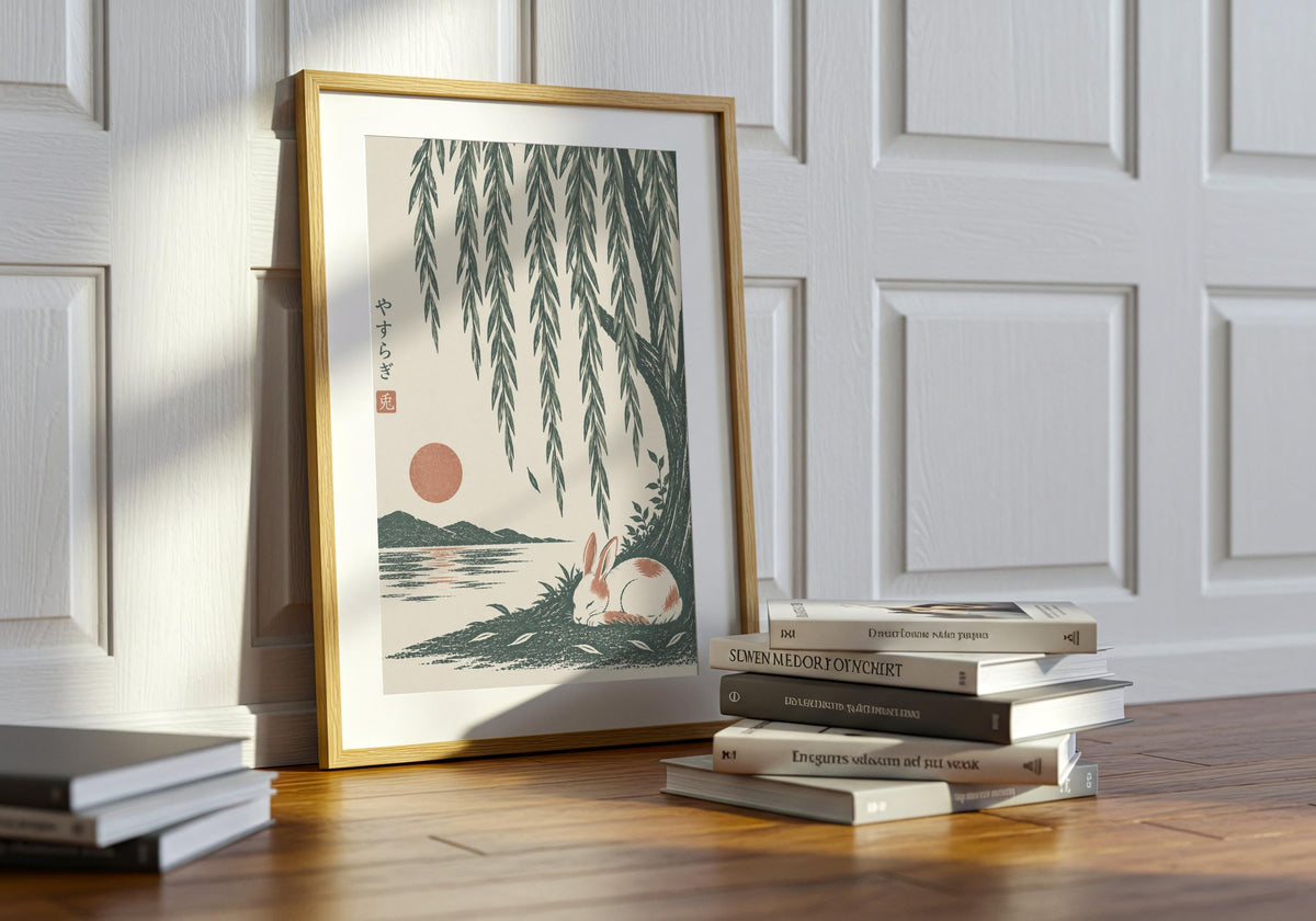 Green bedroom art featuring a small white rabbit sleeping beside green water beneath long willow leaves, styled in a light wood frame on stacked books.