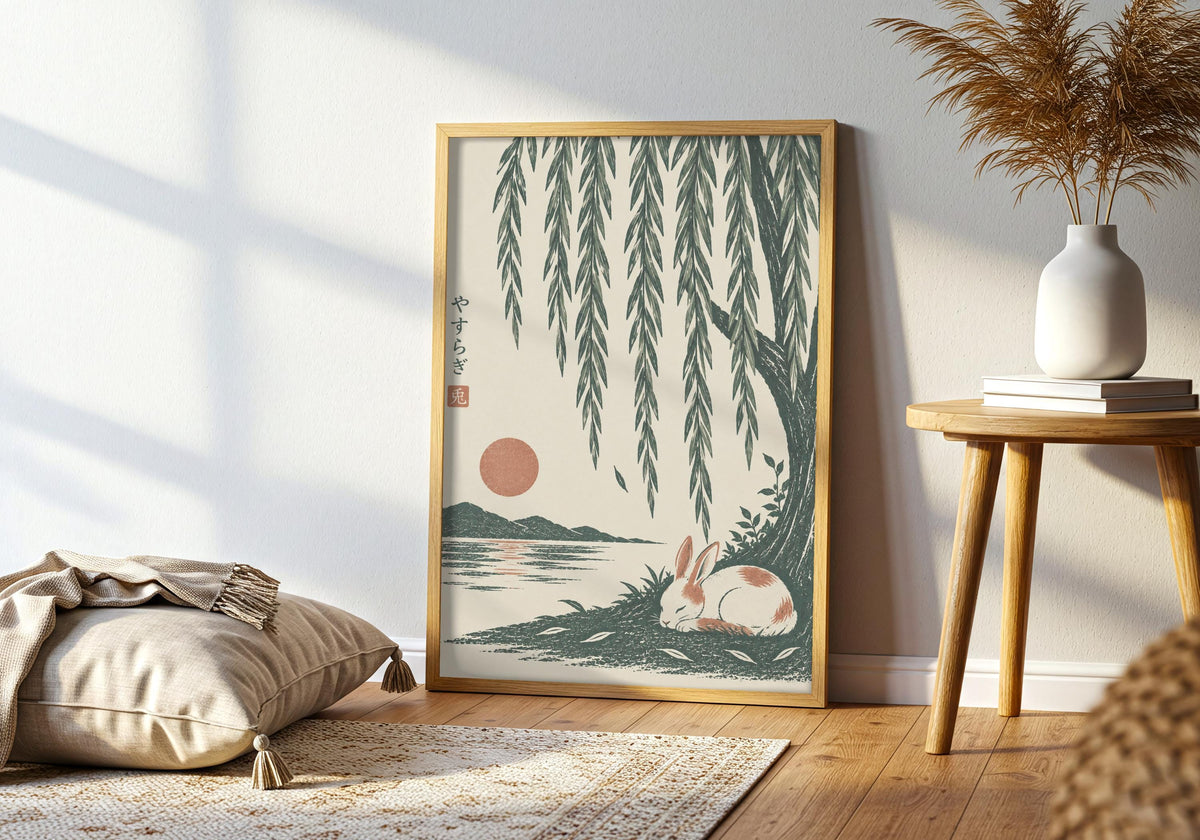 Room view of Sleeping Rabbit Under Willow as woodland animal art, leaning in a dark frame in a bright living room.