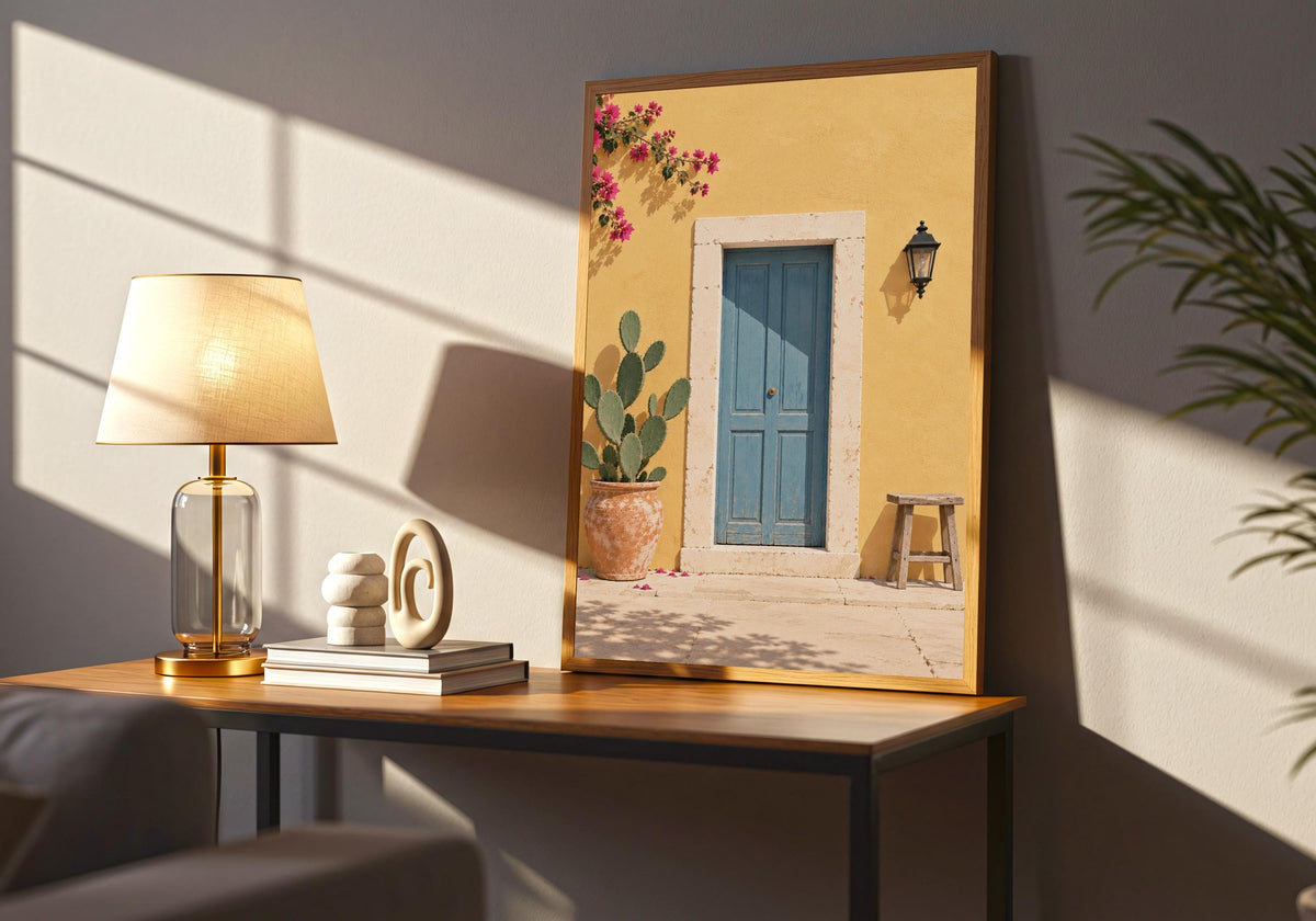 Wide interior view of summer wall print with a dusty-blue door in a sunny yellow wall with cactus, stool and bougainvillea, standing in a dark wood frame on a side table.