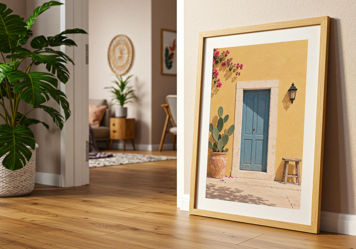 Angled view of travel wall decor depicting a dusty-blue door in a sunny yellow wall with cactus, stool and bougainvillea, shown at an angle in a light wood frame near a doorway.
