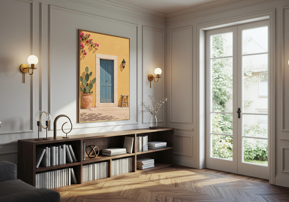 Cactus wall print showing a dusty-blue door in a sunny yellow wall with cactus, stool and bougainvillea, hung in a dark frame above a low media console.