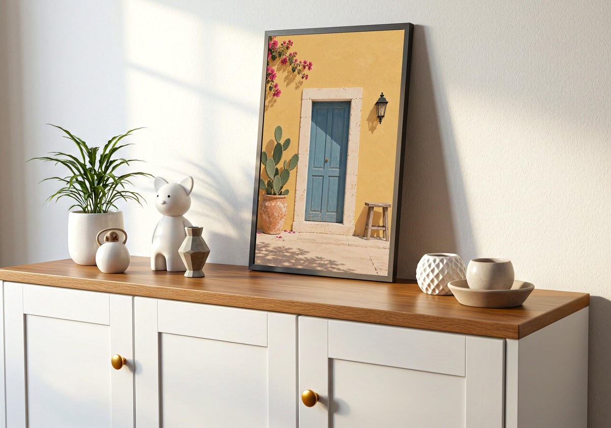Interior mockup of mediterranean art depicting a dusty-blue door in a sunny yellow wall with cactus, stool and bougainvillea, displayed in a black frame on a wooden console.