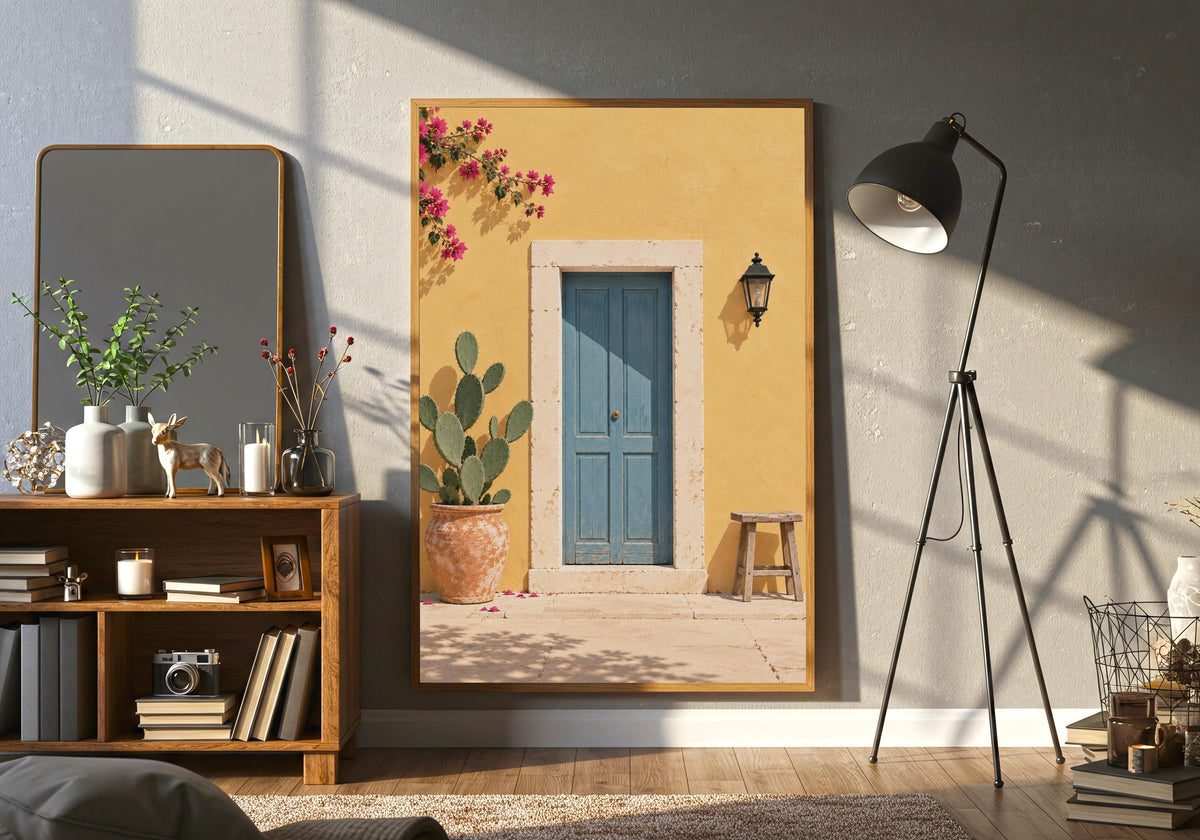 Room view of Yellow Wall Blue Door as architecture poster, shown in a dark frame in a wide living-room view.