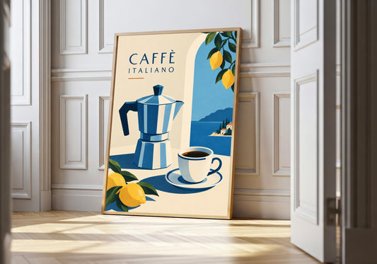 Caffè Italiano italian coffee art in a light wood frame, featuring a retro Caffè Italiano scene with blue moka pot, espresso cup, lemons and sea view.