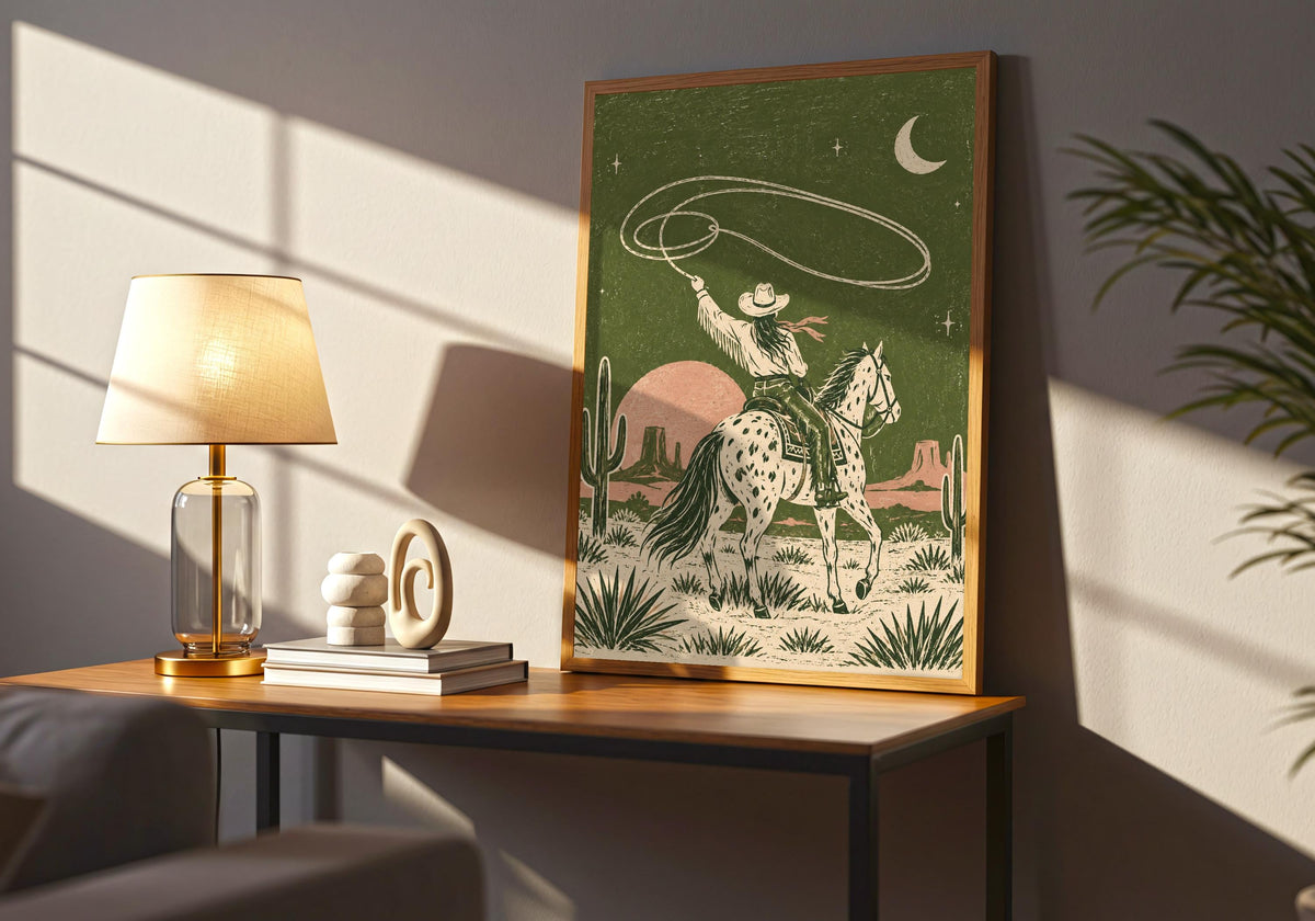 Wide interior mockup of this rodeo decor above a timber sideboard, featuring a spotted-horse cowboy twirling a lasso beneath a crescent moon in an olive desert.