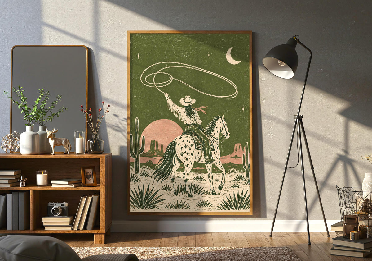 Physical wall print beside a neutral sofa, highlighting a spotted-horse cowboy twirling a lasso beneath a crescent moon in an olive desert as a lasso cowboy print.