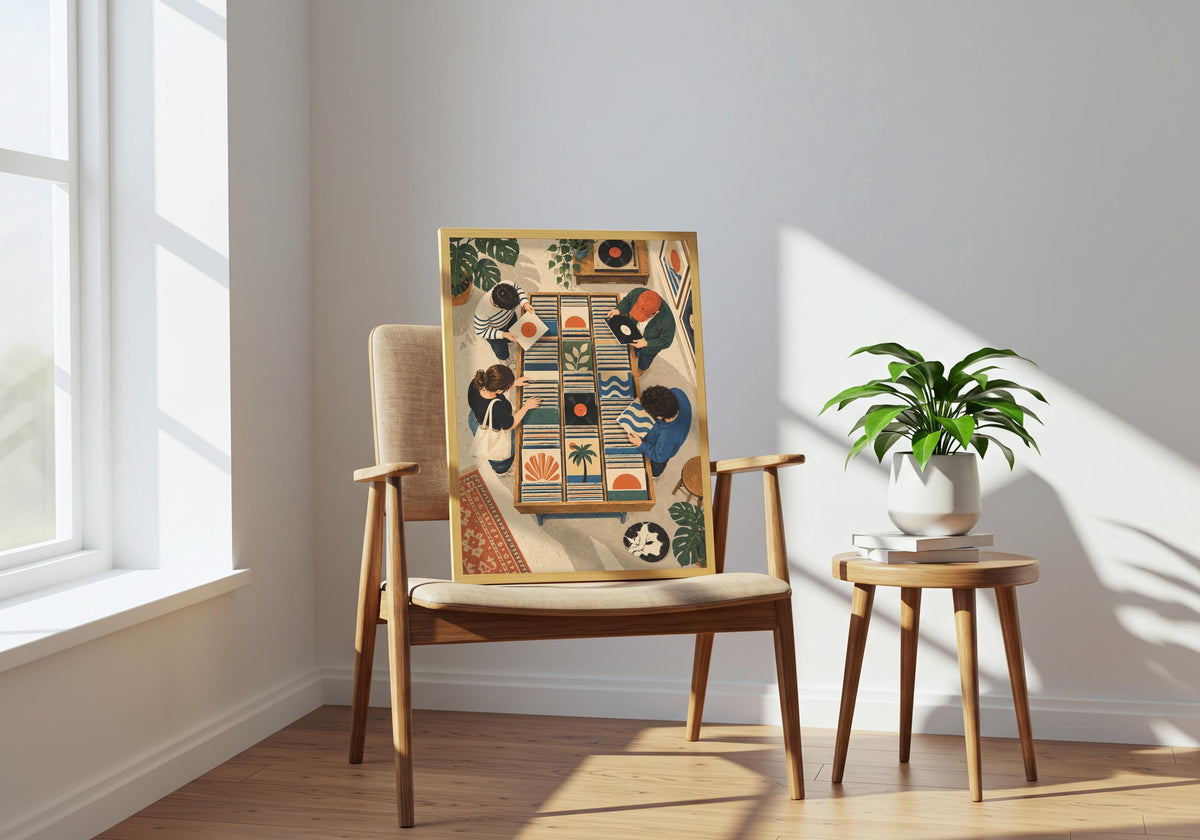 Room inspiration for retro music poster: the Record Shop Browsers print displayed on a wooden chair.