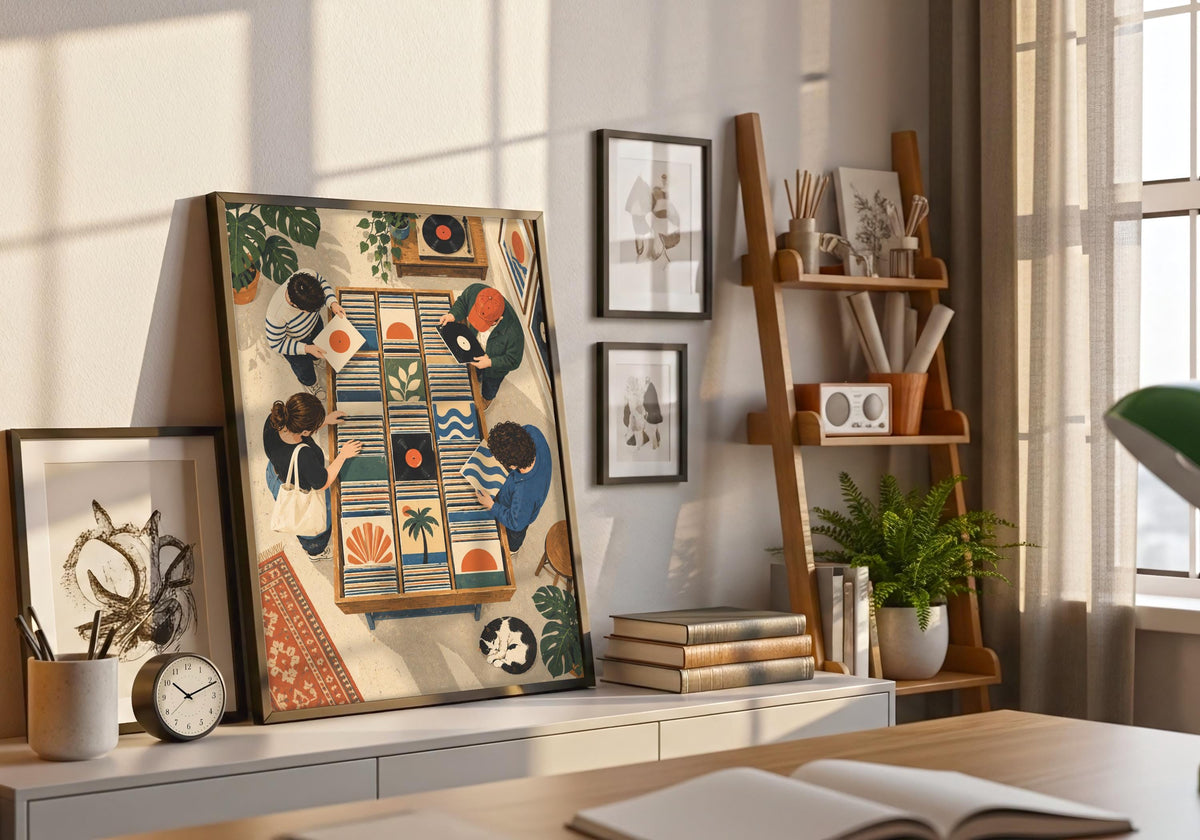 Two people browsing vinyl among turntables, sleeves, plants and patterned rugs forms the focal point of this listening room art display in a natural frame among plants.