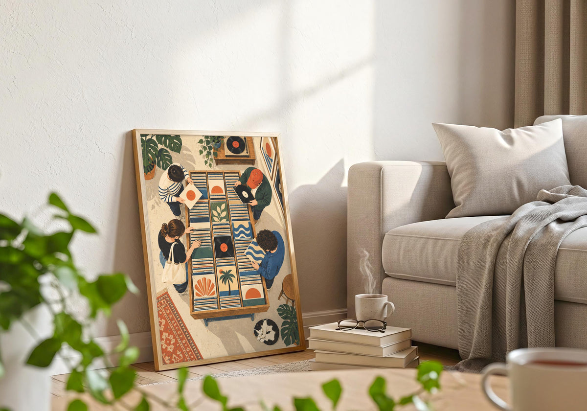 Interior view of Record Shop Browsers in a white frame beside a sofa, styled for a crate digger gift look.