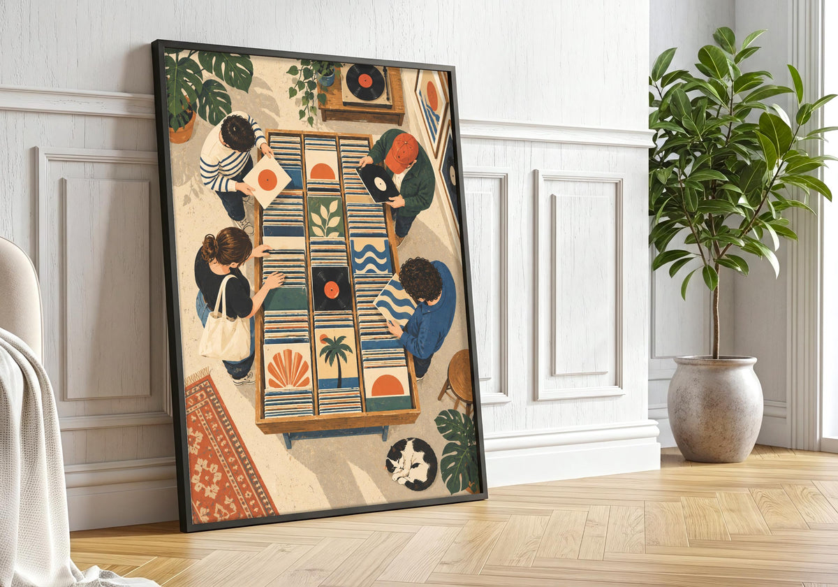 Physical wall print in a black frame with greenery, highlighting two people browsing vinyl among turntables, sleeves, plants and patterned rugs as a record collector art.