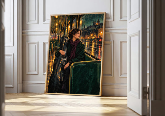 Cellist on the Last Tram cellist art print in a light natural-wood hero frame, featuring a cellist in a long dark coat standing inside a green tram while amber city lights shimmer through rain.