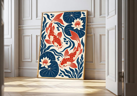 Red and Blue Koi Lotus koi fish wall art in a light natural-wood hero frame, featuring three red-and-cream koi swimming through navy water among white lotus flowers and dark blue leaves.