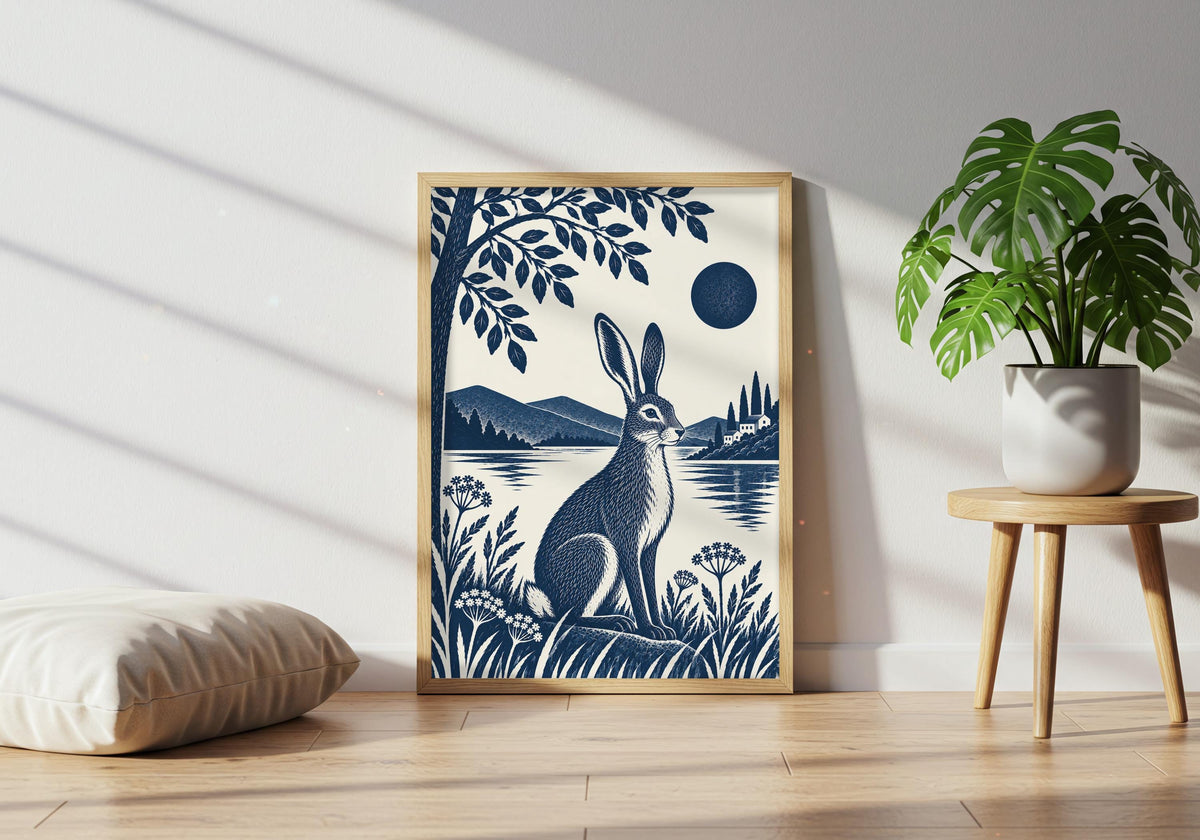 A navy hare sitting in a lakeside meadow beneath leafy branches, with mountains and a dark blue moon in the distance becomes the focal point of this country living art setting in a plant-filled lounge.