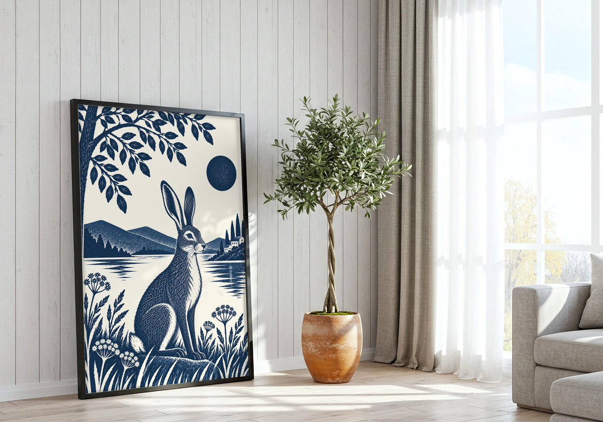 Styled beside a bright window, this lakeside hare print shows the complete artwork and its main colour palette.