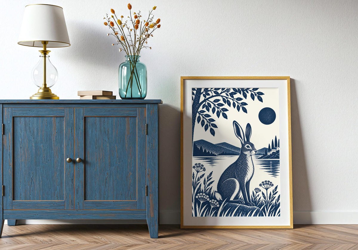 Room inspiration for woodland animal art: the Blue Hare by the Lake physical print inside a calm home office.
