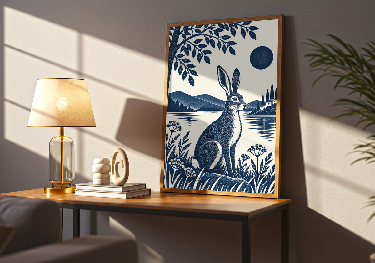 Wide room mockup of this wildlife wall print above a timber sideboard, with the artwork clearly visible.