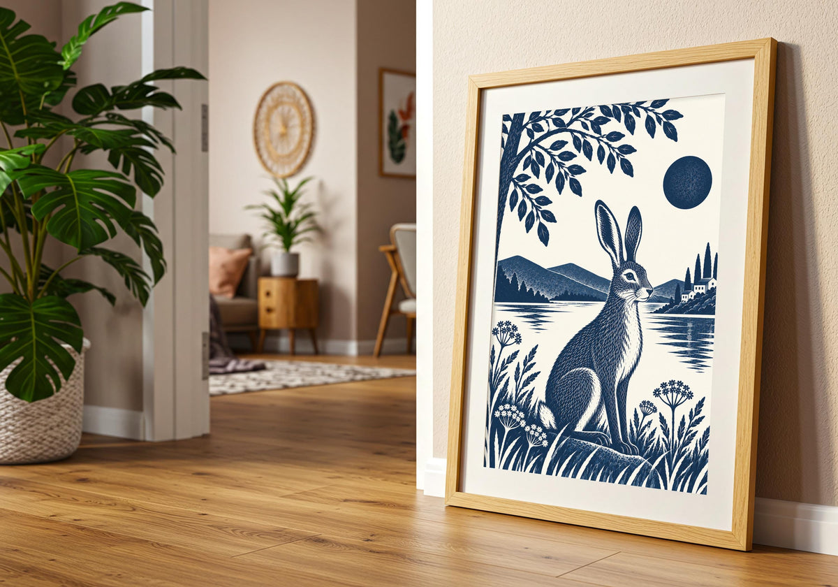 Portrait hare illustration in a natural frame on a console, showing the full composition and printed detail.