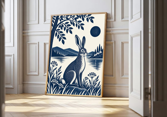 Blue Hare by the Lake blue hare wall art in a light natural-wood hero frame, featuring a navy hare sitting in a lakeside meadow beneath leafy branches, with mountains and a dark blue moon in the distance.
