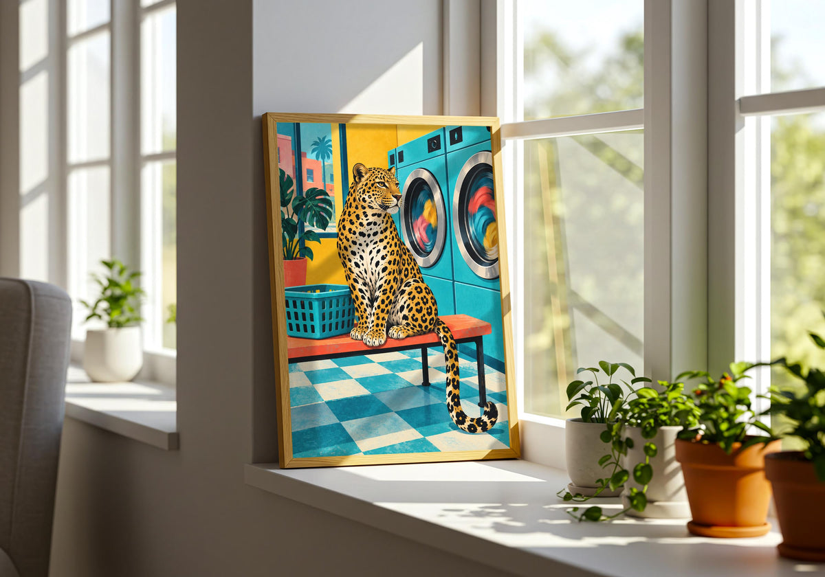 Leopard at the Laundrette appears inside a plant-filled room as turquoise orange art for a lived-in decorating idea.