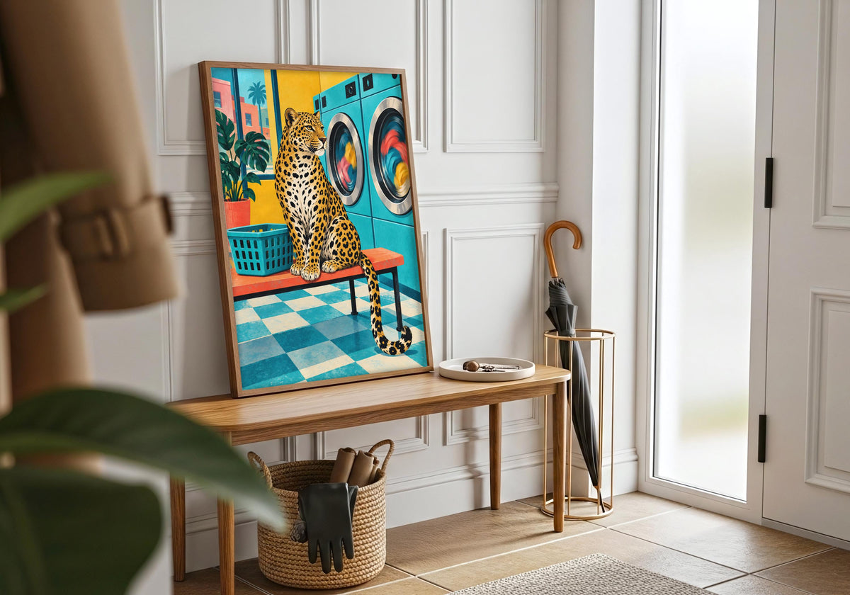 Wide room mockup of this animal lover gift in a white frame above an entry bench, with the artwork clearly visible.