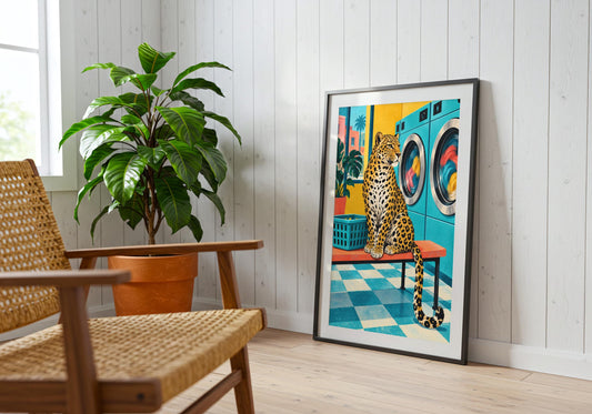 Styled inside a bright reading corner, this laundrette poster shows the complete artwork and its main colour palette.