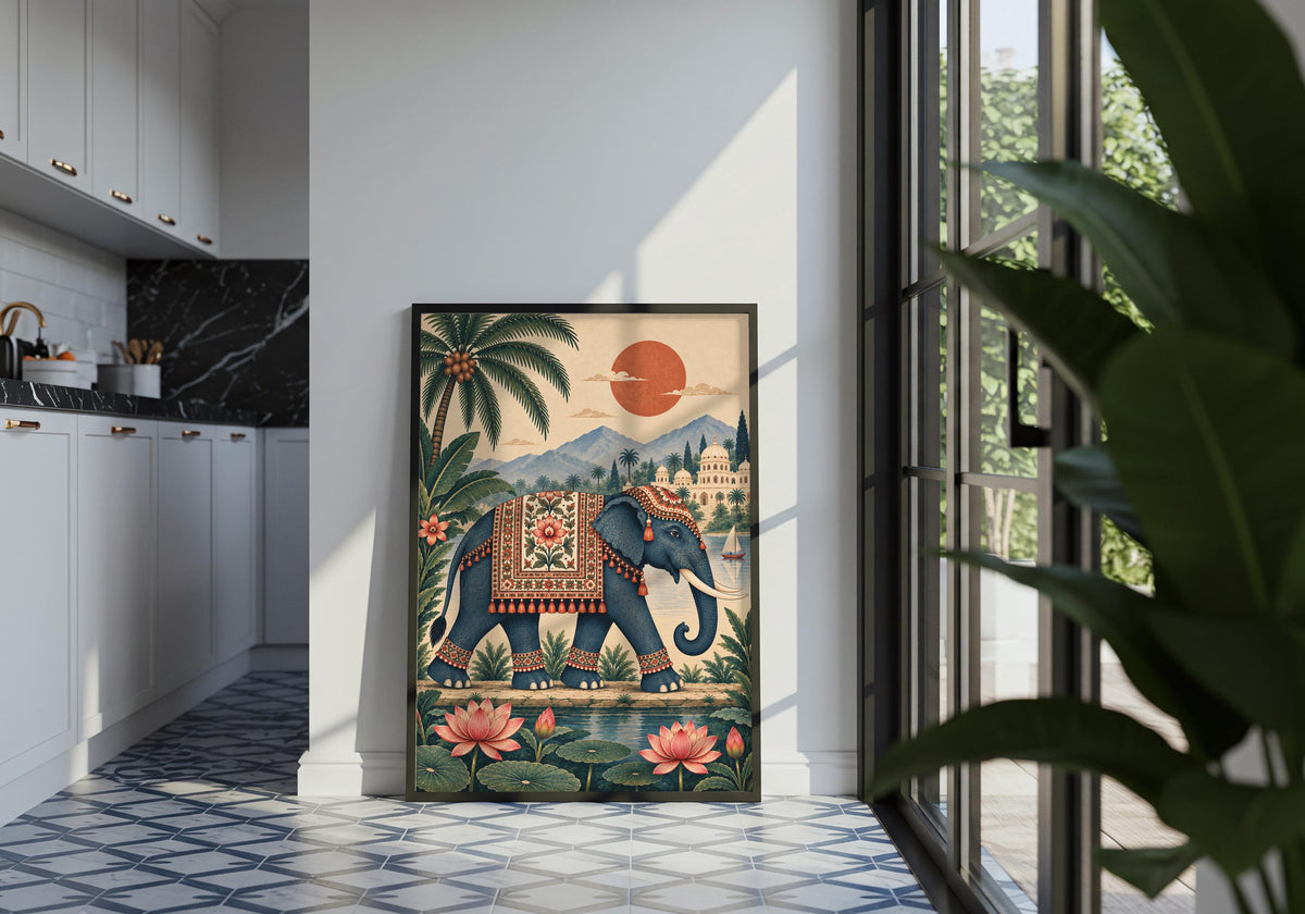 Palace Elephant and Lotus Pond appears inside a contemporary living room as decorative elephant for a lived-in decorating idea.