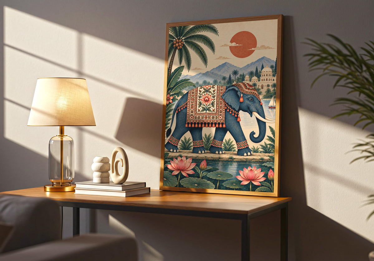 Wide room mockup of this pink lotus art above a timber sideboard, with the artwork clearly visible.