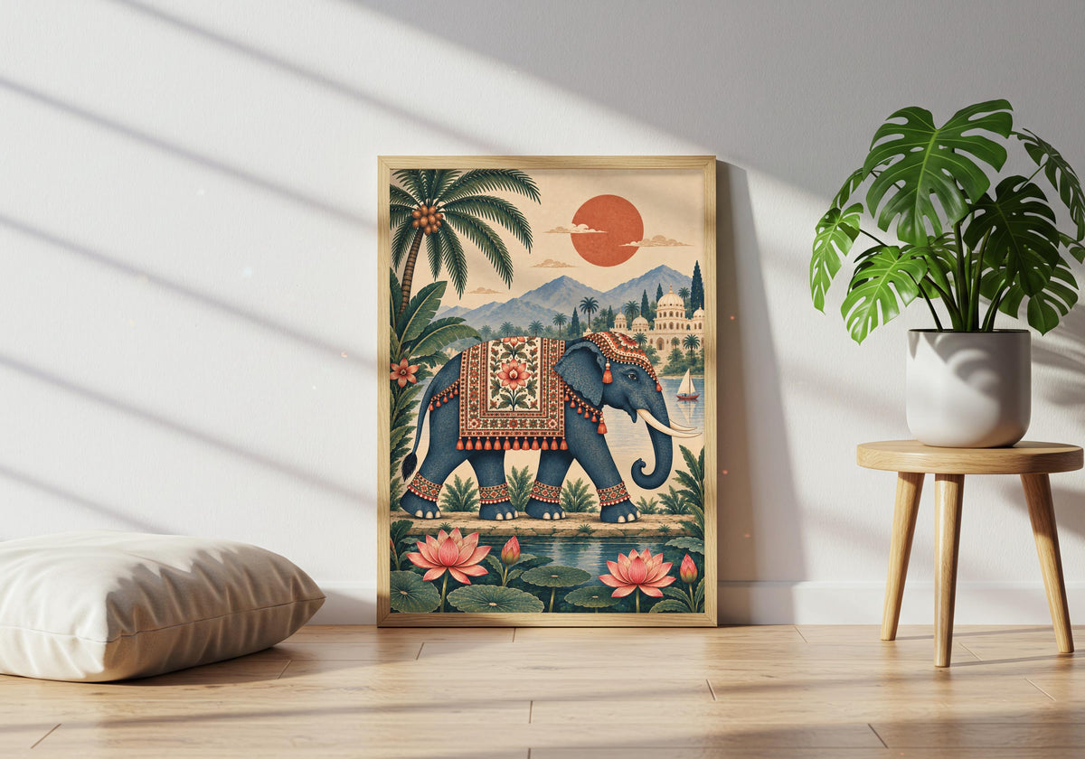 A decorated indian elephant walking beside pink lotus flowers with a palace, palm trees, mountains and a coral sun behind becomes the focal point of this bohemian wall art setting in a plant-filled lounge.