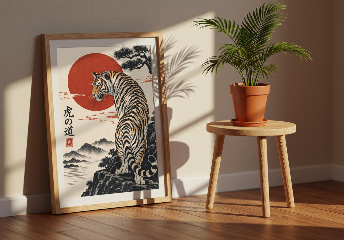 Interior photograph of Tiger on the Mountain Path near a blue-green armchair, styled for a mountain landscape look.